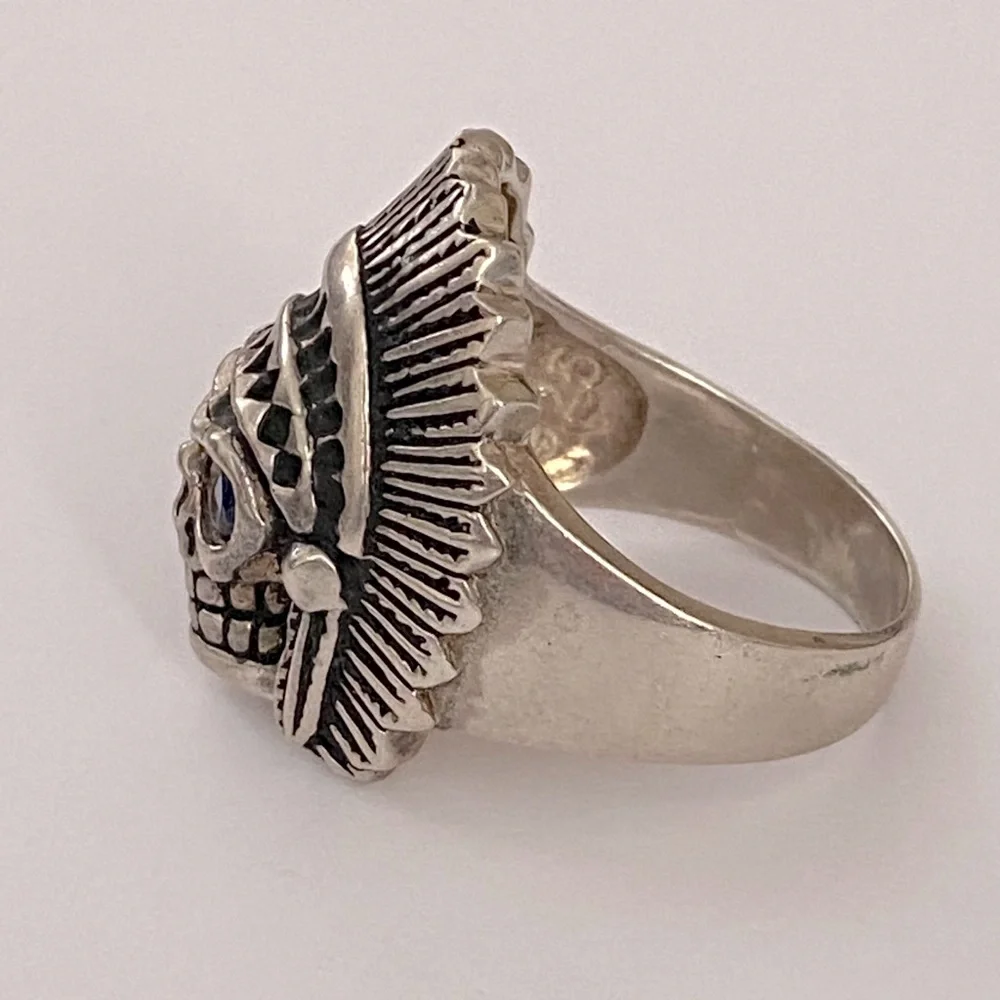 💀 925 silver biker chief skull ring sapphire blue cubic zirconia cz stones eyes